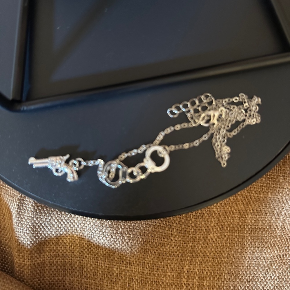 Handcuffs and Pistol Drop Necklace Silvertone - Picture 3 of 4